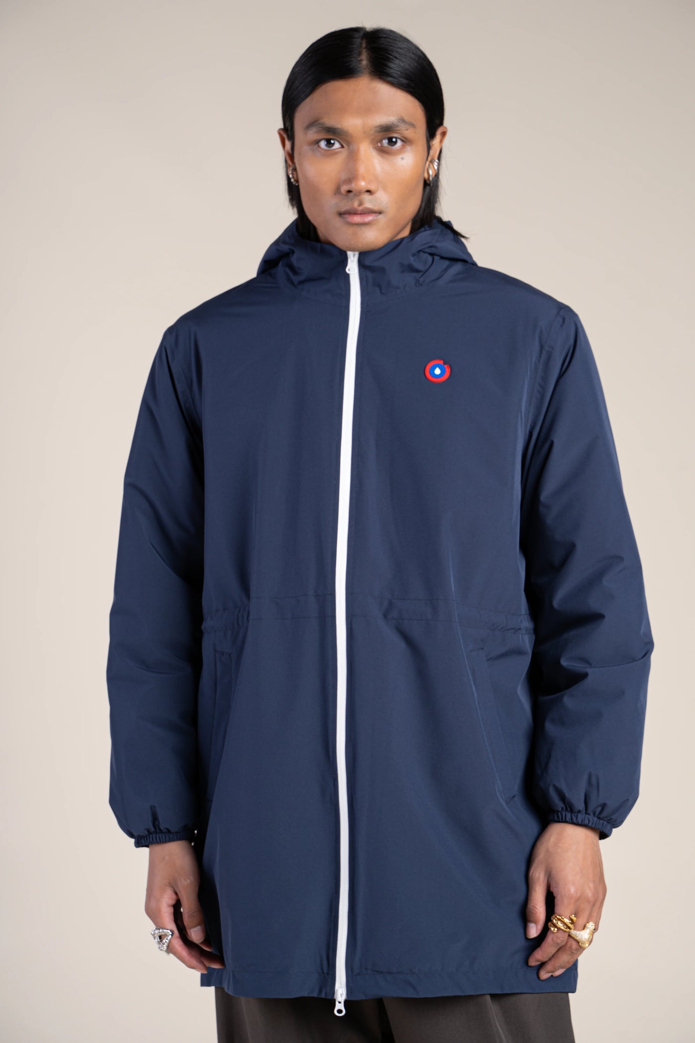 Veste longue imperméable et doublée indigo bleu marine 